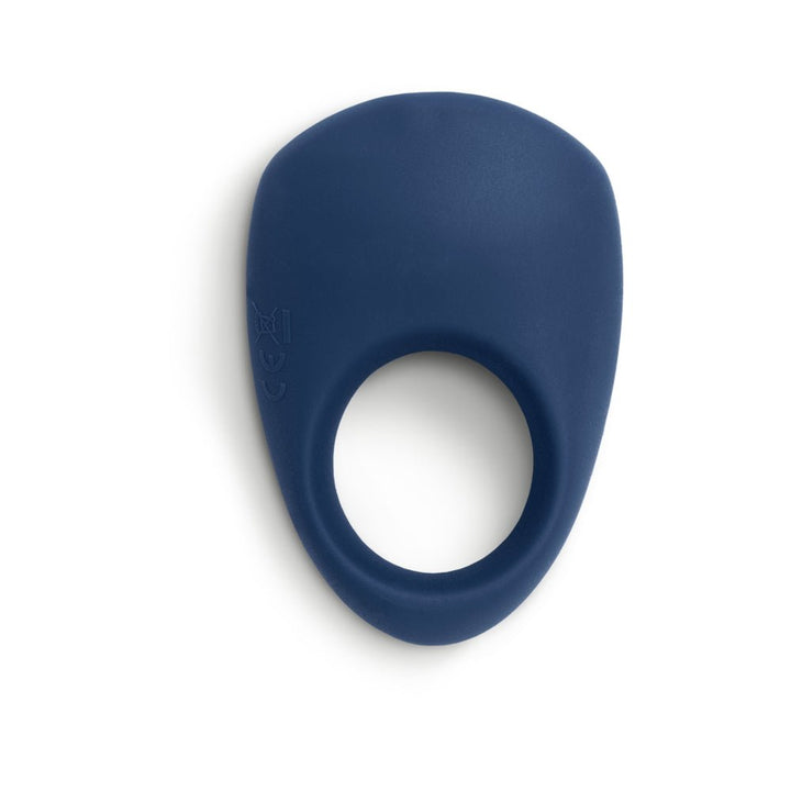 Midnight blue We-Vibe Pivot vibrating silicone ring with a smooth, flexible design on a white background.