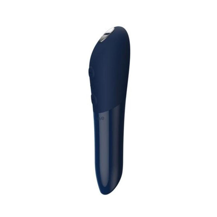 We-Vibe Tango X rechargeable bullet vibrator in midnight blue with ergonomic shape and two-button control panel.