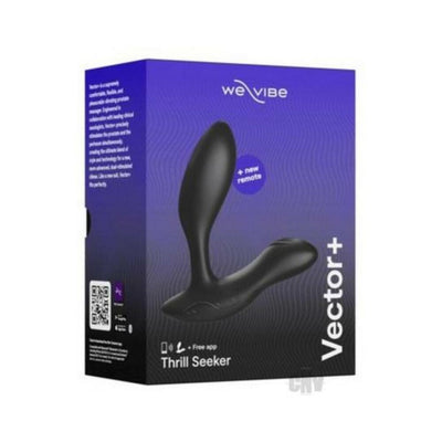 We-Vibe Vector+ prostate massager packaging showing the black adjustable-fit device with app and remote control features.
