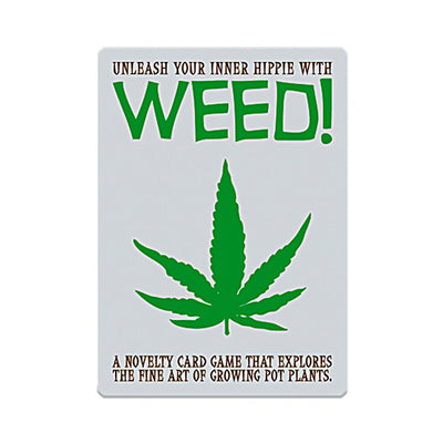 Weed! card game box featuring a green leaf graphic and text promoting a novelty card game about growing pot plants.