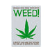 Weed! card game box featuring a green leaf graphic and text promoting a novelty card game about growing pot plants.