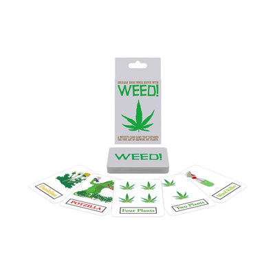 Weed! card game box with a deck and five cards featuring plant illustrations and game actions.