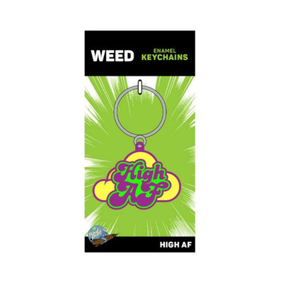 Colorful enamel keychain with "High AF" text in green and purple on a yellow cloud background on a green card.