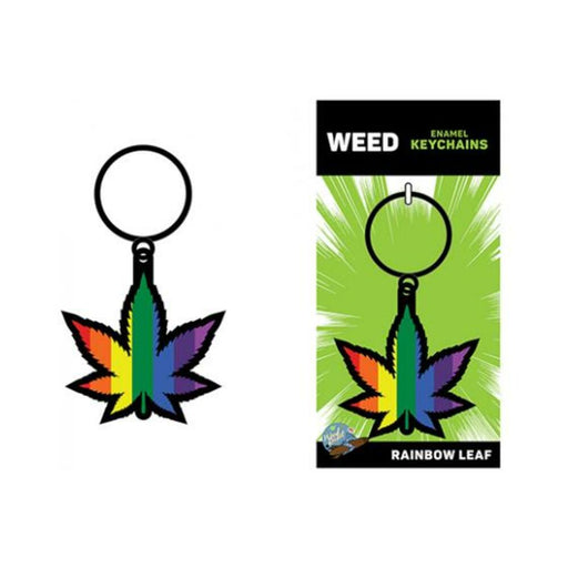 Rainbow enamel keychain in the shape of a leaf with Pride flag colors on a black key ring.