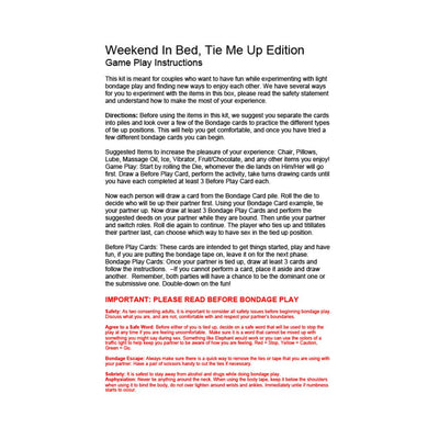 Instruction sheet for Weekend In Bed Tie Me Up Edition game with safety tips and gameplay directions.