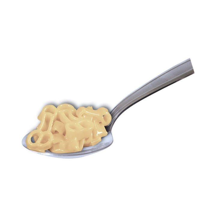 Spoonful of creamy pasta shaped like playful novelty shapes on a white background