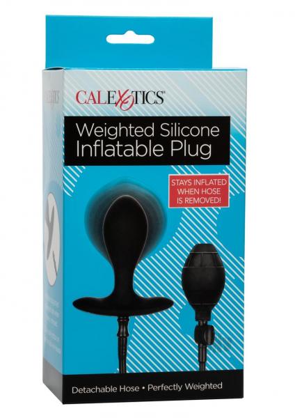 CalExotics Weighted Silicone Inflatable Plug with detachable hose and squeeze bulb in retail packaging.