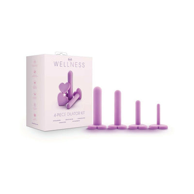 Wellness Dilator Kit with four graduated purple silicone dilators and packaging box on white background.