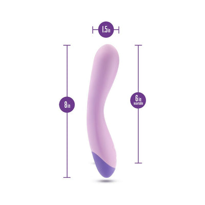 Purple curved Wellness G Curve vibrator with dimensions showing 8 inches length and 1.5 inches width.