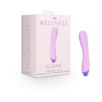 Purple Wellness G Curve vibrator with curved design next to its light pink packaging box.