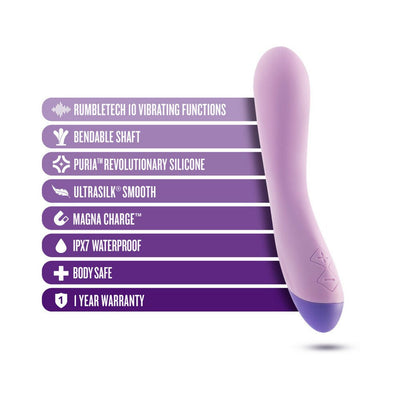 Purple curved Wellness G Curve vibrator with key features listed including 10 vibration functions, bendable shaft, and waterproof design.