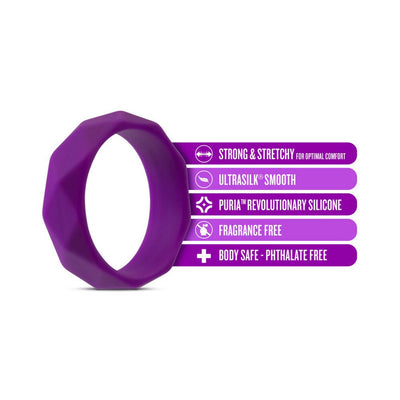 Purple silicone ring with geometric design highlighting strong, stretchy, ultrasilk smooth, fragrance-free, and body-safe features.