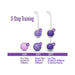 Diagram showing 3-step Kegel training with purple weighted balls and usage instructions for daily pelvic floor exercise.