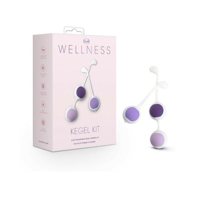 Blush Wellness Kegel Training Kit in purple with three progressively weighted silicone balls and packaging box.