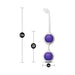 Purple dual-ball Kegel trainer with white silicone casing, showing dimensions for length and insertable size.