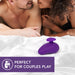 Purple Wellness Palm Sense massager on white bed with a couple smiling in the background, promoting couples play.