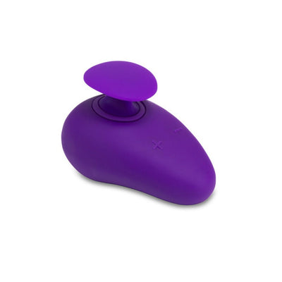 Compact purple Wellness Palm Sense massager with ergonomic shape and raised vibration head, featuring plus and minus controls.