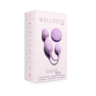 Wellness Raine vibrating lilac kegel ball with wireless remote in product packaging box.