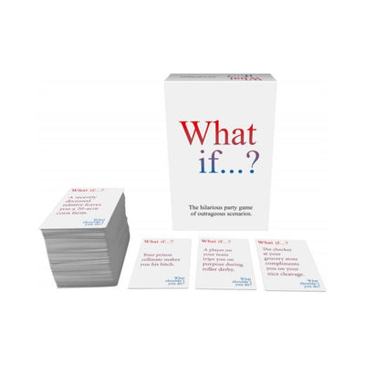 What If? adult party game box with a large stack of scenario cards and three example cards displayed in front.