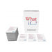 What If? adult party game box with a large stack of scenario cards and three example cards displayed in front.
