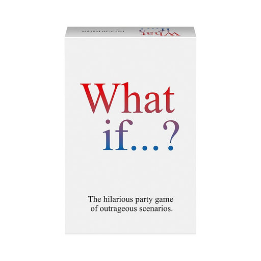 Box of What If? adult party game featuring outrageous scenario cards for group fun and laughter.