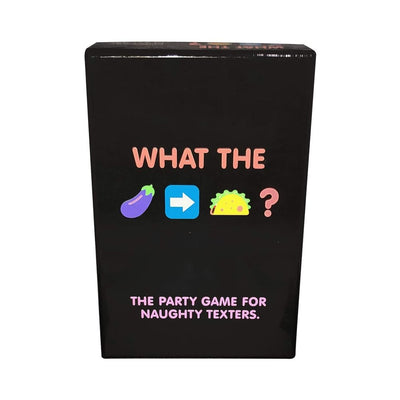 Black box of What The (eggplant-to-taco)? adult party game with emoji graphics and tagline for naughty texters.