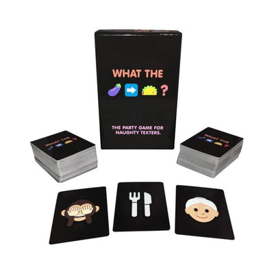 What The (eggplant-to-taco) adult party game box with emoji cards including monkey covering eyes, utensils, and smiling face.