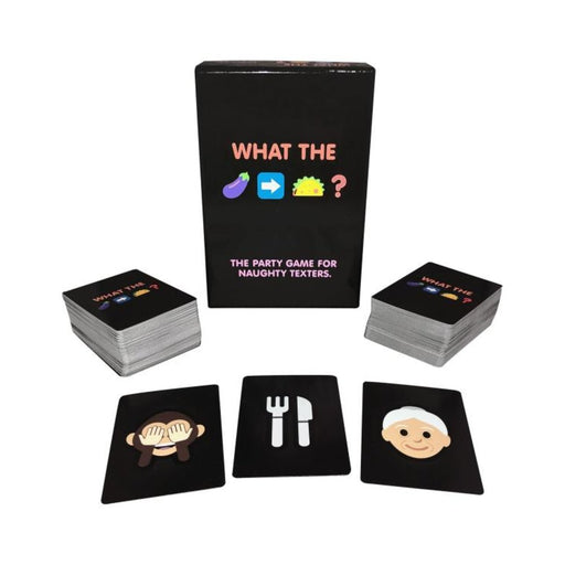 What The (eggplant-to-taco) adult party game box with emoji cards including monkey covering eyes, utensils, and smiling face.