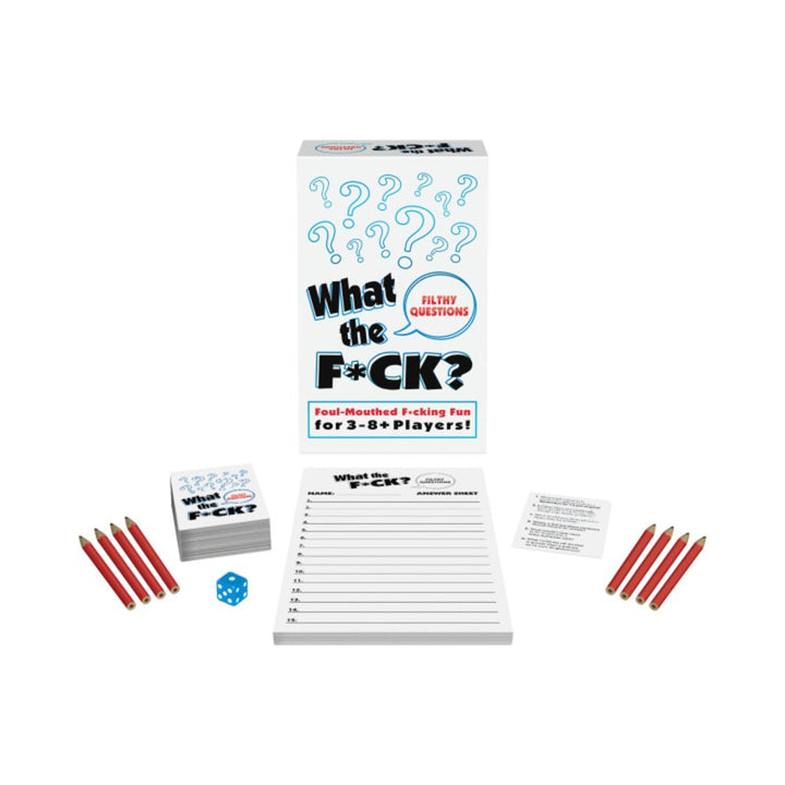 What The F*ck Filthy Questions adult party game set with cards, answer sheets, pencils, and a die on a white background.