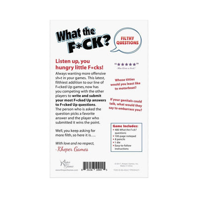 Back of What The F*ck Filthy Questions adult party game box with game description, sample questions, and contents list.