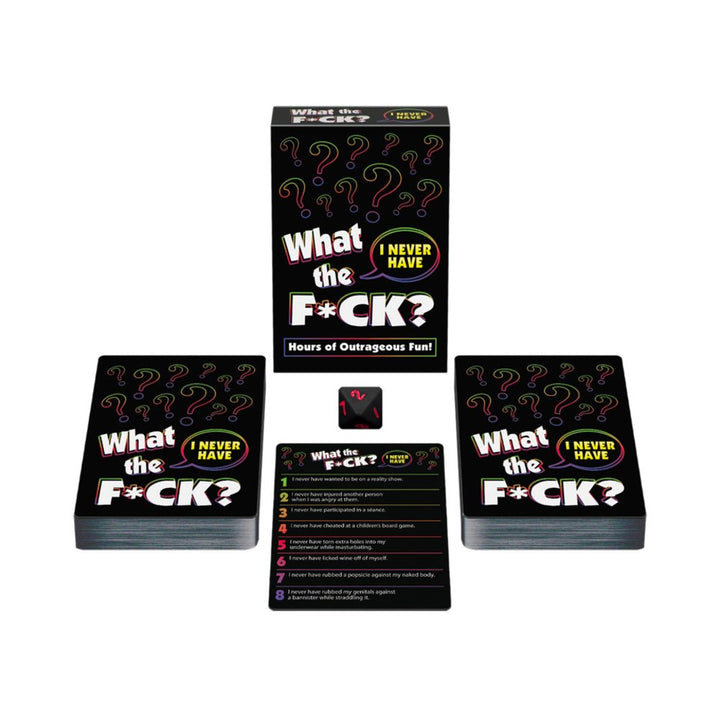What The F*ck I Never Have card game with black box, two decks of cards, a rule card, and a numbered die for party fun.