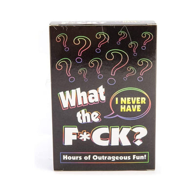 Box of What The F*ck I Never Have party game with colorful question marks and bold text on black background.