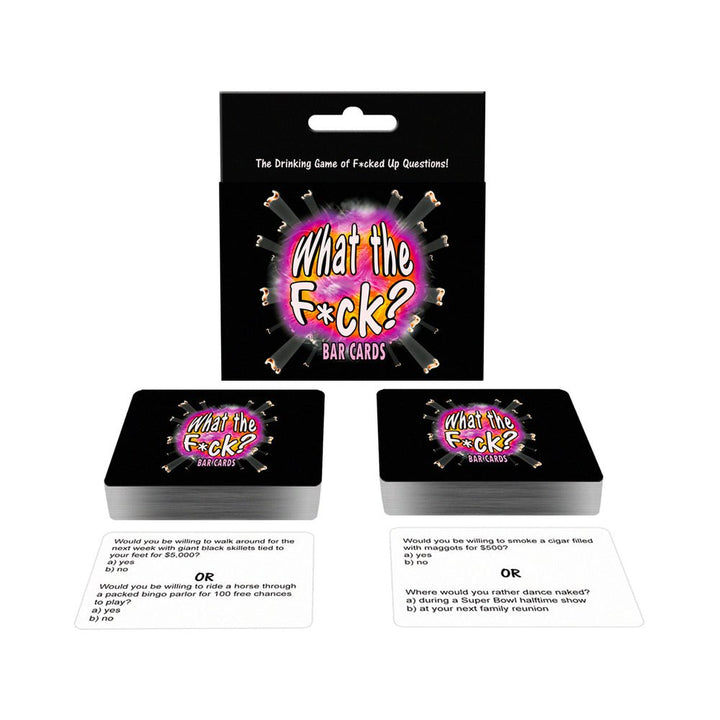 What The Fuck? bar game box with two stacks of cards and example question cards displayed on a white background.