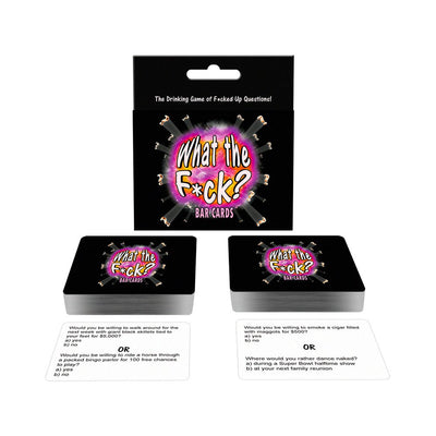 What The Fuck? bar game box with two stacks of cards and example question cards displayed on a white background.
