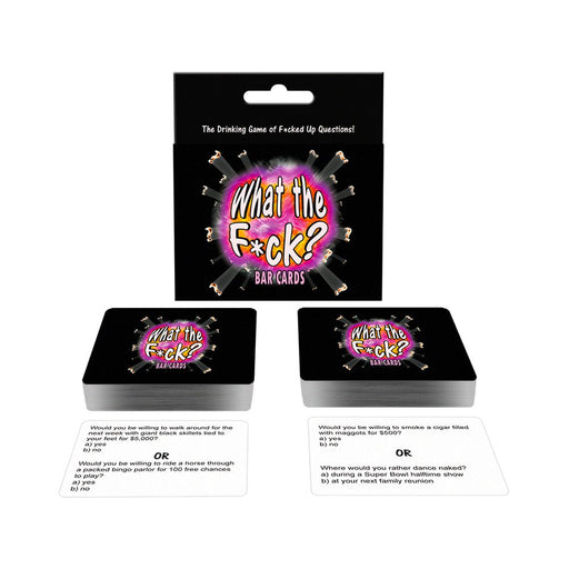 What The Fuck? bar game box with two stacks of cards and example question cards displayed on a white background.