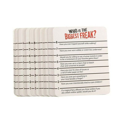 Stack of "Who's The Biggest Freak?" game cards featuring bold, revealing questions for a fun adult drinking game.