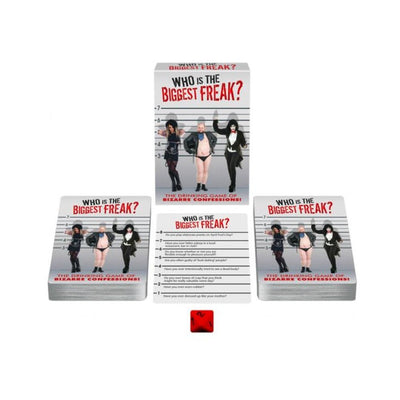 Who's The Biggest Freak drinking game box and cards featuring bold questions and a red die for party fun and confessions.