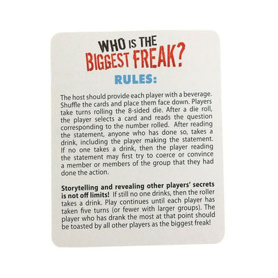 Instruction card for Who's The Biggest Freak drinking game detailing rules and gameplay steps.