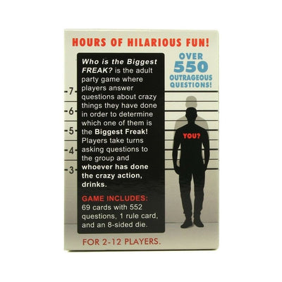 Back of Who's The Biggest Freak Game box showing game description, contents, and player count for 2-12 players.