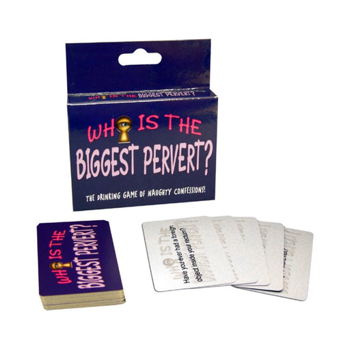 Who's The Biggest Pervert card game box with a deck of question cards for a playful adult drinking game.