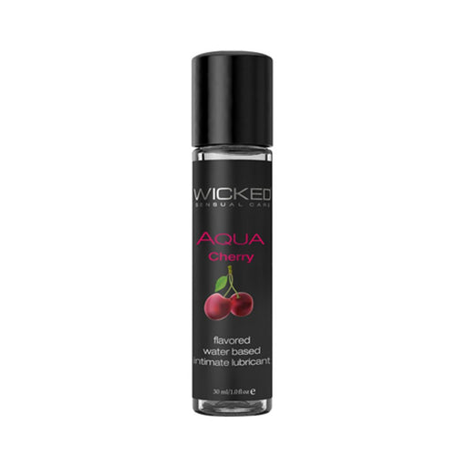 Wicked Aqua Cherry flavored water-based intimate lubricant in a 1oz clear bottle with black cap and label.