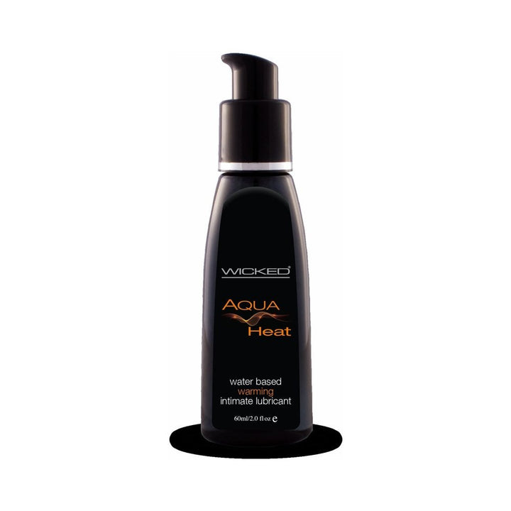 Wicked Aqua Heat 2oz black bottle with pump dispenser water-based warming intimate lubricant.