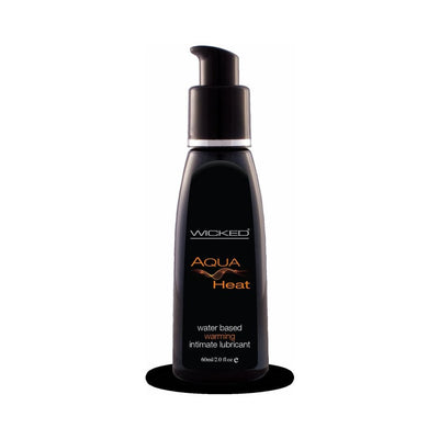 Wicked Aqua Heat 2oz black bottle with pump dispenser water-based warming intimate lubricant.