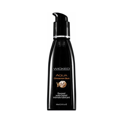 Black pump bottle of Wicked Aqua Cinnamon Bun flavored water-based intimate lubricant 2 oz with cinnamon bun image on label.