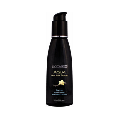 Wicked Aqua Vanilla Bean flavored water-based intimate lubricant in a sleek black 2oz pump bottle with vanilla flower design