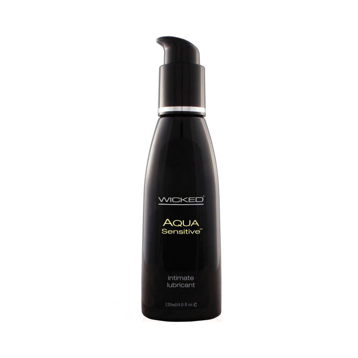 Black pump bottle of Wicked Aqua Sensitive water-based intimate lubricant 4oz with sleek minimalist design.