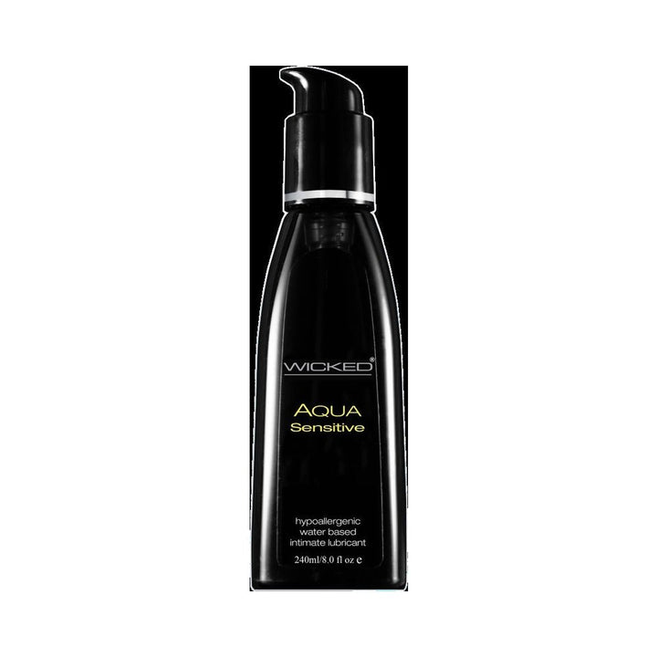 Black pump bottle of Wicked Aqua Sensitive hypoallergenic water-based lubricant 8oz with minimalist label design.