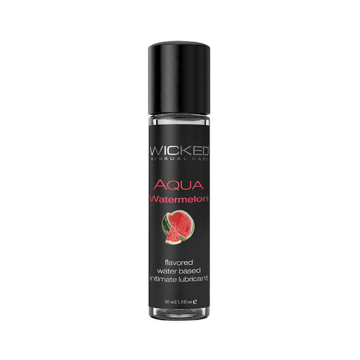 Wicked Aqua Watermelon flavored water-based intimate lubricant in a sleek 1oz black bottle with watermelon graphic.