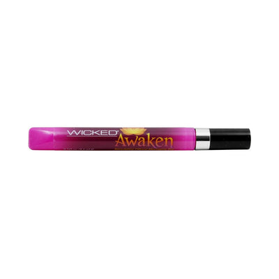 Wicked Awaken Arousal Gel in a sleek purple pen-style applicator with black cap on white background