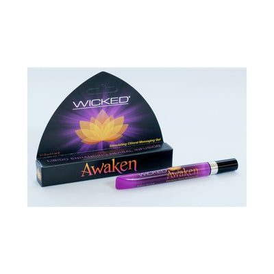 Wicked Awaken Arousal Gel 8.6ml in a purple pen-style applicator with black and gold packaging featuring a lotus flower design.